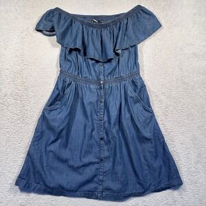 Express‎ Denim Chambray Dress Off Shoulder Ruffle Button Front Pockets Small